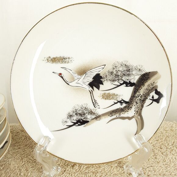 6 Sauce Plates 5", Flying Crane Pine Tree Luck, Japan Porcelain, black,gold trim - Picture 2 of 10